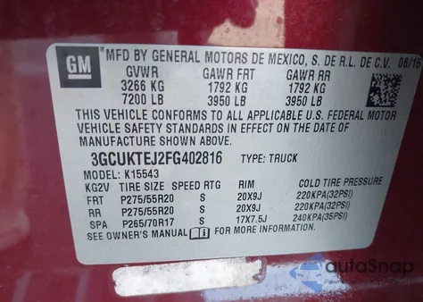 2015 Chevrolet Silverado 1500 High Country from USA, damaged, VIN 3GCUKTEJ2FG402816